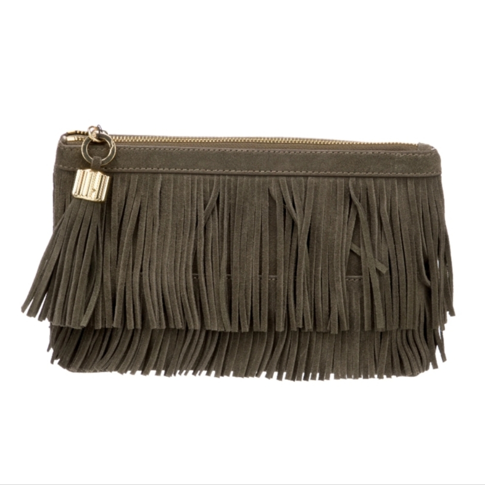 NWOT India Hicks Fringe Suede Clutch